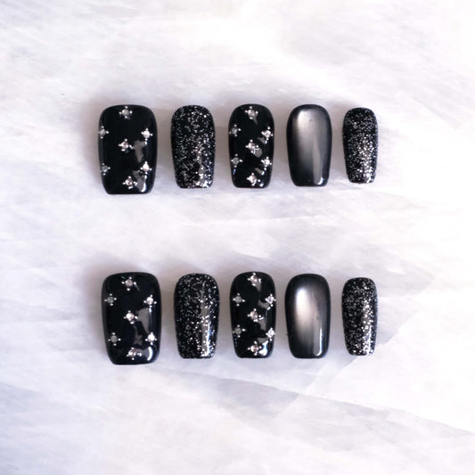 BlackStar - Handmade Press on Nails, Black Starry Sky with Cat Eye, Rhinestone Bling, Medium Ballerina Shape, 10 Pieces (Small Size, MB)