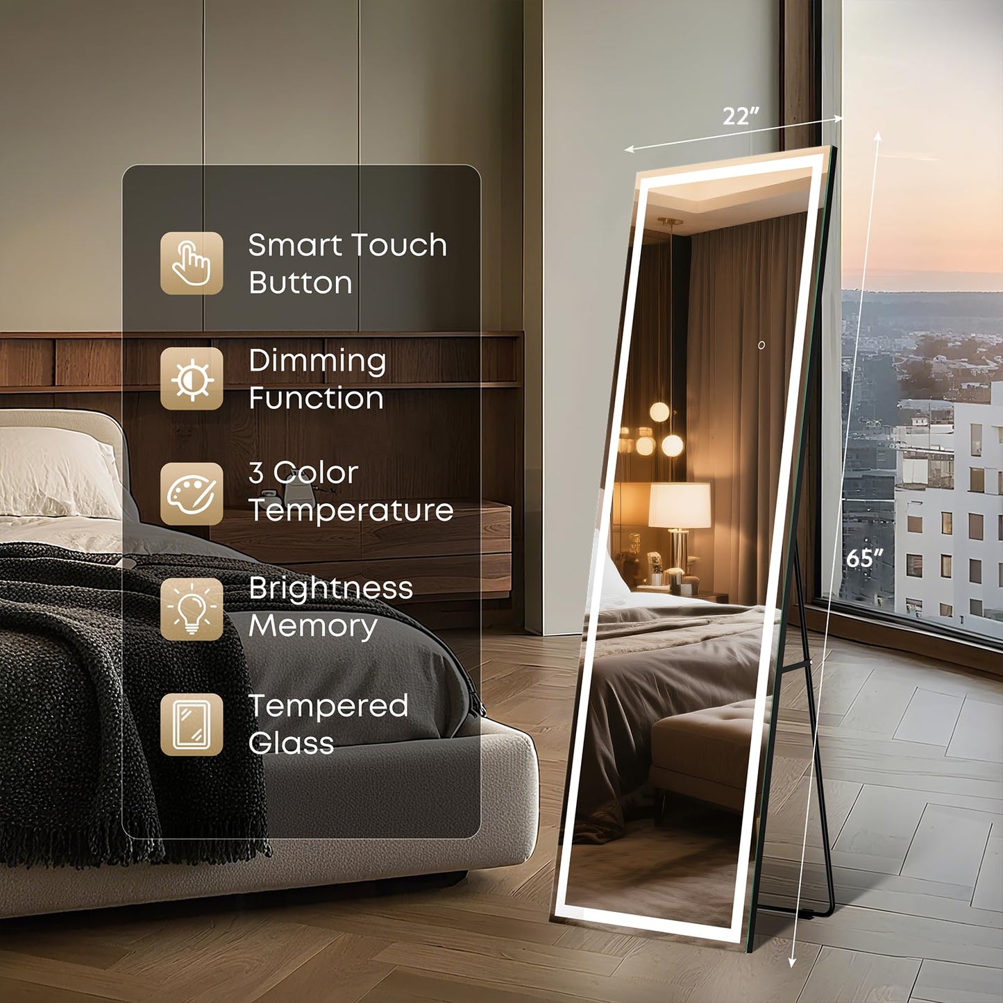 Kosmonia 65x22 Frameless Full Length Mirror, Dimmable 3 Color LED Light w/Memory Function, Distortion Free, HD Reflection & Anti Desilvering, Tempered Glass & Shatter Proof Film Doubling Safety