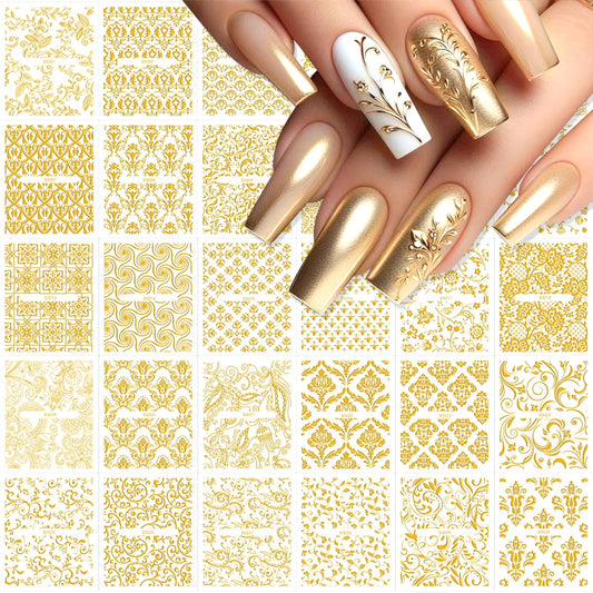 30 Sheet Nail Stickers,Gold Lace Flower Nail Art Stickers,3D Self-Adhesive Nail Decals,with Hollow Retro Floral Vine Design Spring,Gold Lace Floral Acrylic Nails Supplies for Women Manicure Decor