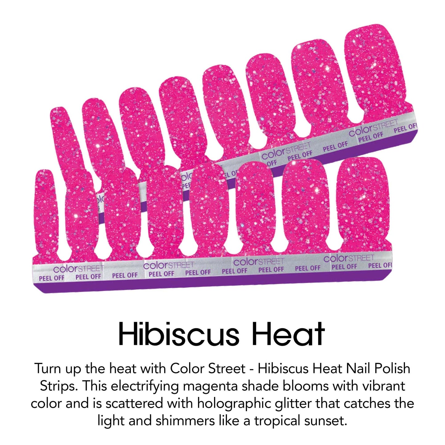 Color Street Hibiscus Heat Nail Polish Strips- Vibrant Magenta with Holographic Glitter Finish, 16 Double-Ended Strips, Easy Application, No Dry Time