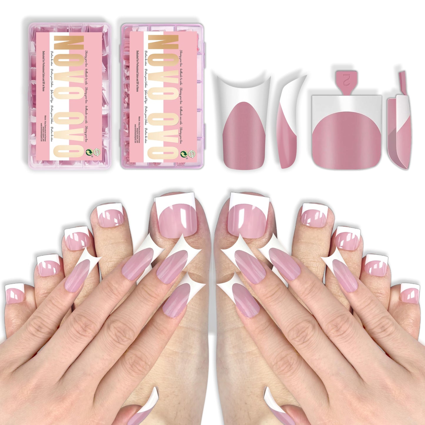 NOVO OVO Medium Square and Duck White French Tip Matching Set Nail Tips Press on BERRY PINK, Including One Box of Predesigned French Tip Soft Gel x Toe Nail Tips and One Box of Finger Nail tips