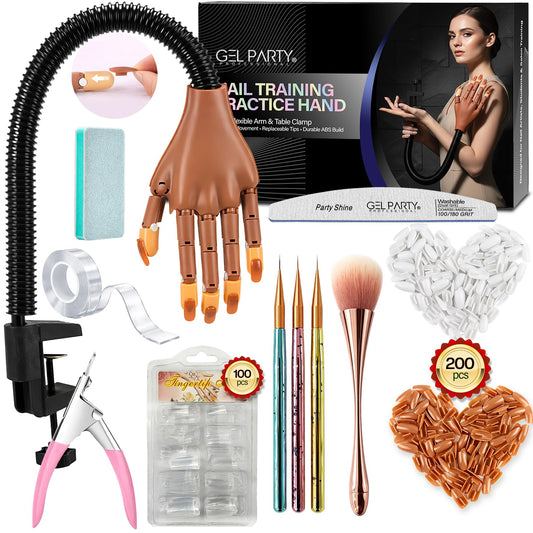 GELPARTY Flexible Nail Practice Hand with Table Clamp - Full Training Starter Kit for Acrylic & Gel Nails, Includes 200pcs Brown Tips, Clippers, Files & Brushes - Professional Manicure Set (Set A+)