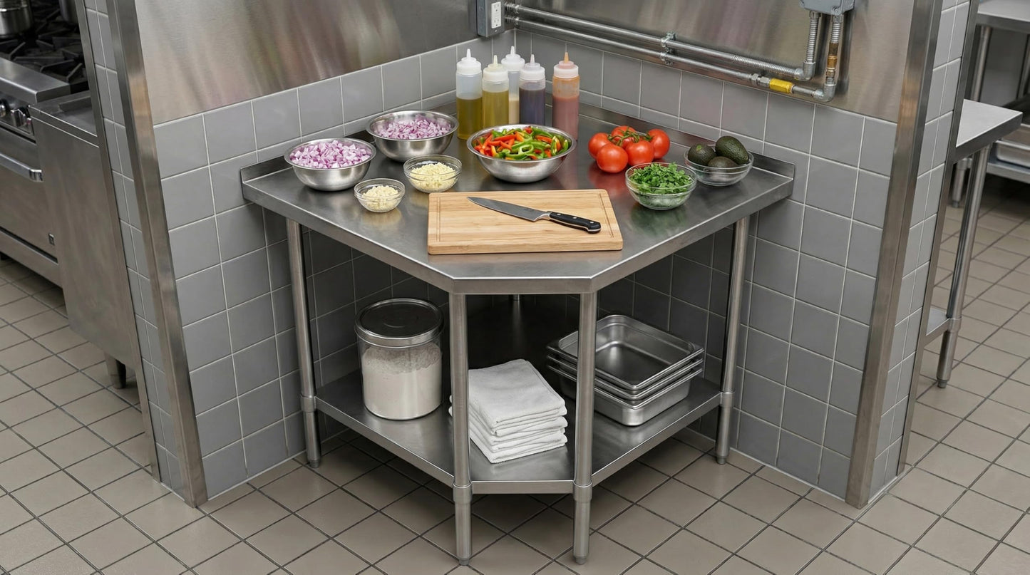 Stainless Steel Corner Work Table 30 in. x 30 in. x 35 in. with 1.5in. Backsplash, Galvanized Undershelf, 5 Leg Support, Commercial Prep Table for Restaurant Kitchen Utility