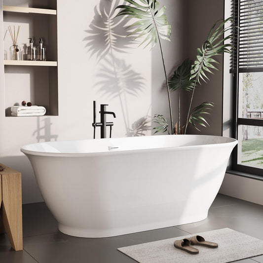 67" Free Standing Tub, Acrylic Soaking Bathtub, Stand Alone Freestanding Tub with Matte Sliver Drain and Overflow, Contemporary Bathtub for Bathroom, Flora