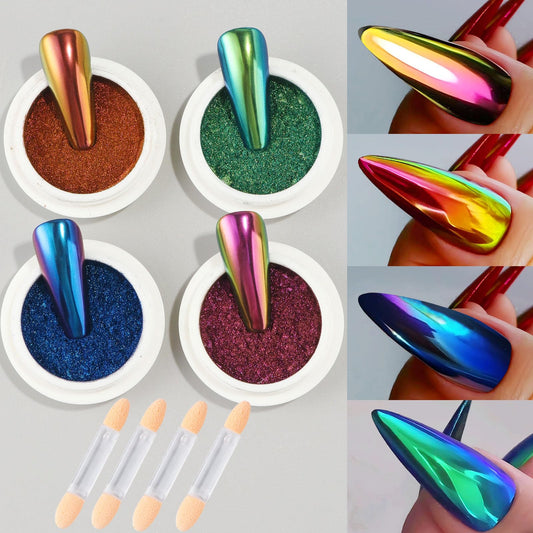 Chameleon Chrome Nail Powder,4pcs Magic Mirror Nail Glitter Pigment with Sponge Metallic Rubbing Dust Y2K Nail Gel Polish Galaxy Effect Salon-Quality Long-Lasting Nail Design