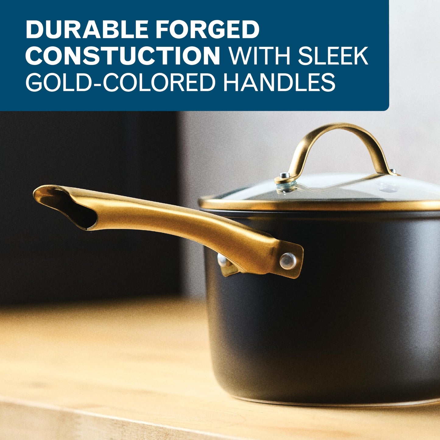 Farberware Forged Induction Ceramic Nonstick Pots and Pans Set with Lids and Kitchen Cooking Tools - Dishwasher Safe, Suitable for All Stovetops, 12 Piece Cookware Set - Black and Gold