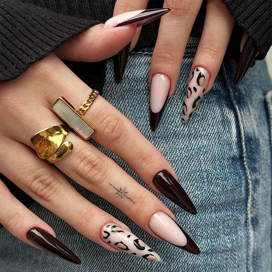 SINHOT Stiletto Press on Nails Long - Long Fake Nails, Glossy Finish, Wine Red French Tip & Leopard Print, DIY Artificial False Nail Art - 24 Pcs Nail Kit with Glue