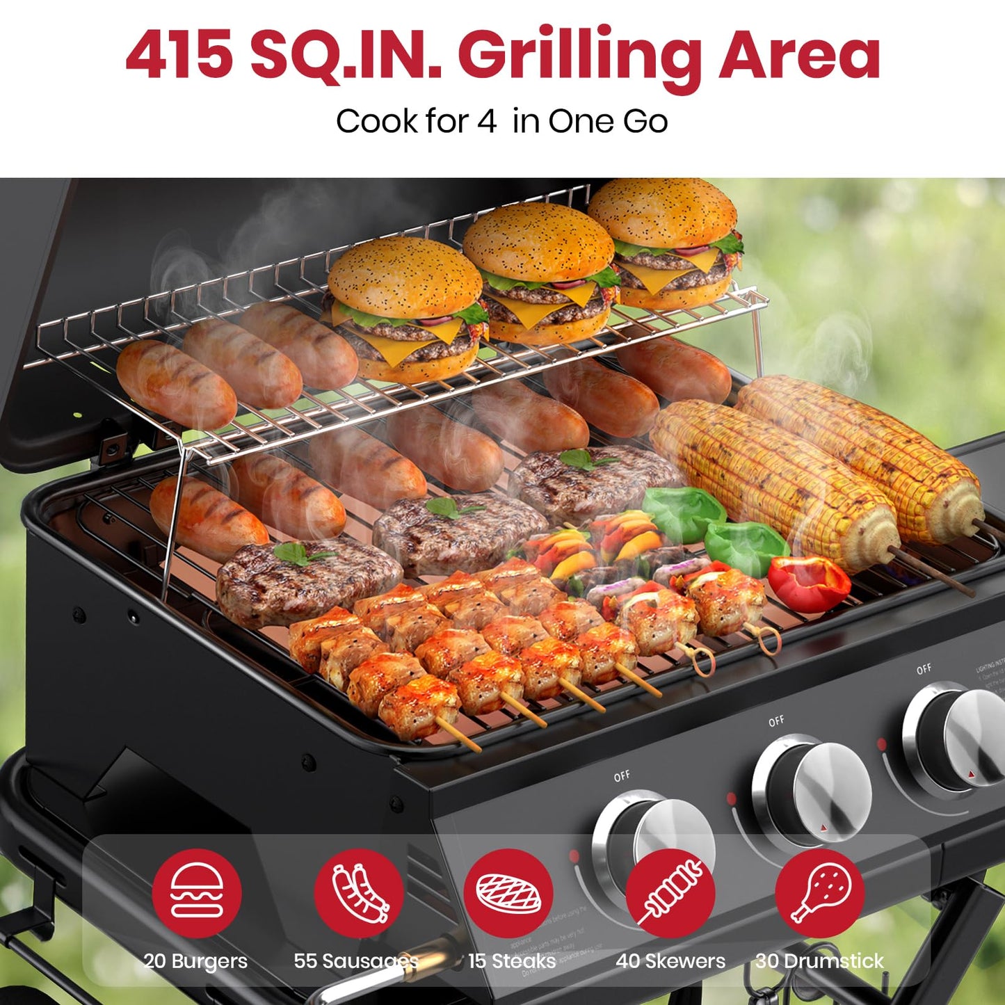Laudlife 3-Burner Portable Gas Grill with 30,000 BTU, 320 SQ.IN Detachable Propane Grills, Non-Stick Porcelain Grate, Built-in Thermometer, Quick-Fold Design for Camping, Tailgating & Outdoor BBQ