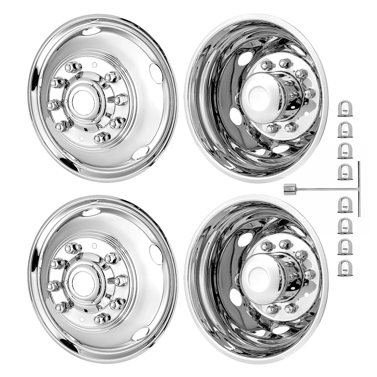 Foritrue 19.5" Hubcaps 10 Lug 304 Stainless Steel, 19.5 Wheel Simulators Polished Surface, 2Pcs Front Wheel and 2Pcs Rear Wheel, Bolts On Wheel Cover Set Compatible with Ford 2005-2025 F450/F550