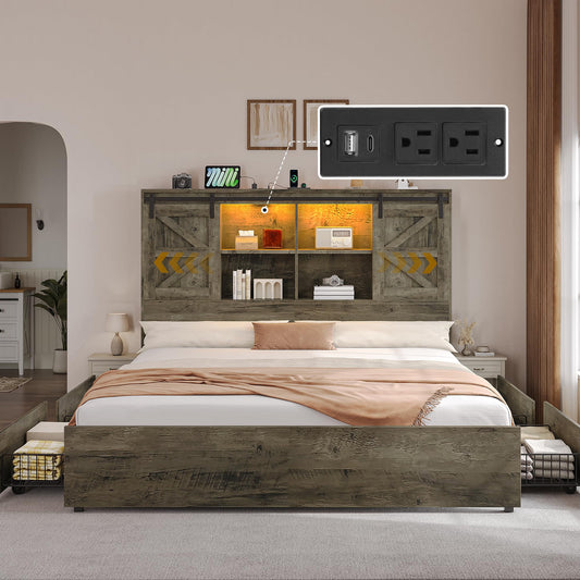 DWVO Farmhouse King Size Bed Frame with Storage Bookcase Headboard, Sliding Barn Door, 4 Storage Drawers, RGB LED Bed Frame with USB Charging Station, No Box Spring Needed, Cement Grey