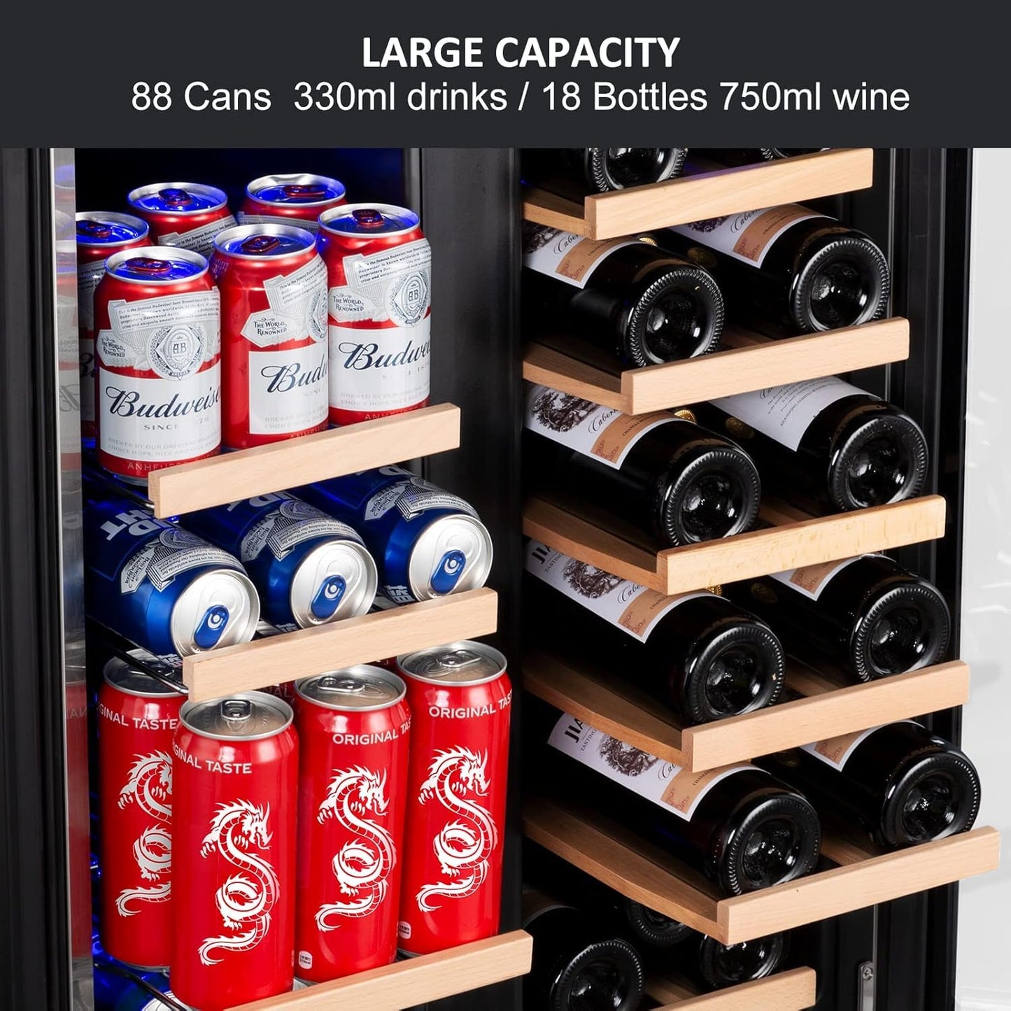 Velieta Wine and Beverage Refrigerator, 24 Inch Dual Zone Fridge with Glass Door, Built-In Cooler with Powerful and Quite Cool System/18 Bottles and 88 Cans Capacity Bverage Cooler