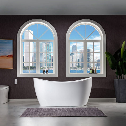 WOODBRIDGE B0016 C 59" Freestanding Bathtub Contemporary Soaking Tub, White Acrylic Drain/Overflow, B-0016 Chrome+ Pillow
