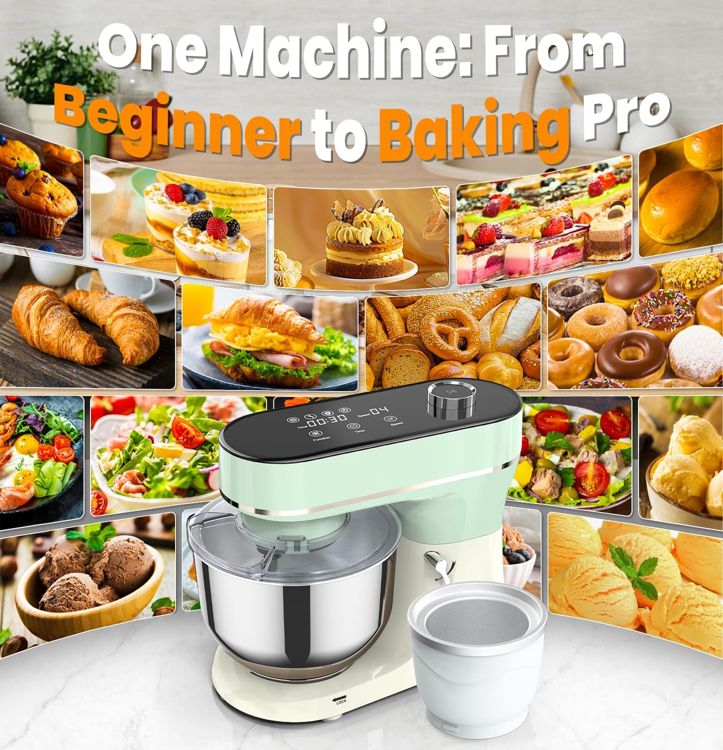Bonnor Stand Mixer Set, 6QT Kitchen Mixer with LED Touchscreen, 11-Speed Tilt-Head Mixer with Timer, 4 Preset Menus, Stainless Steel Bowl, Hook, Whisk, Beater,Plus 2QT Ice Cream Maker Attachment