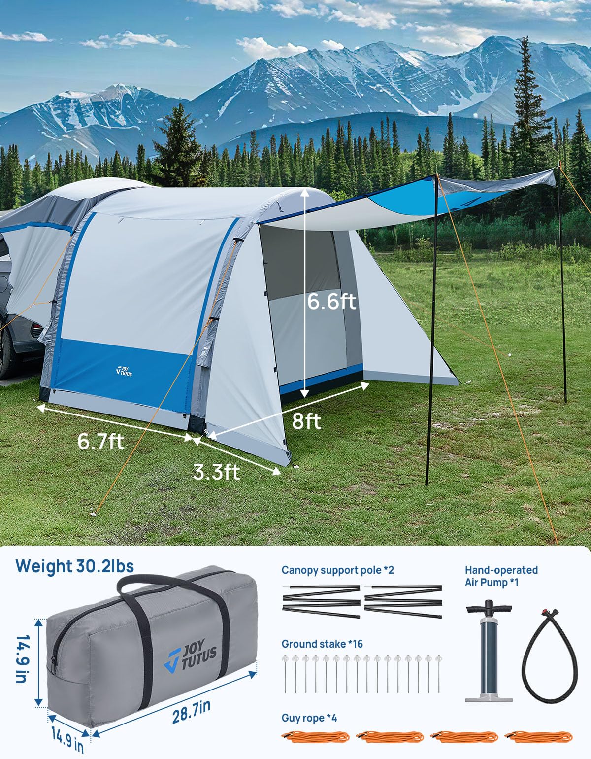 JOYTUTUS SUV Tent with Inflatable Pump, 30% More Space, Easy Set-up Car Tent for 6 Person Family Camping, Dual-Use SUV or Camping with 2 Awnings, Double Door, Fit for SUV Car Van