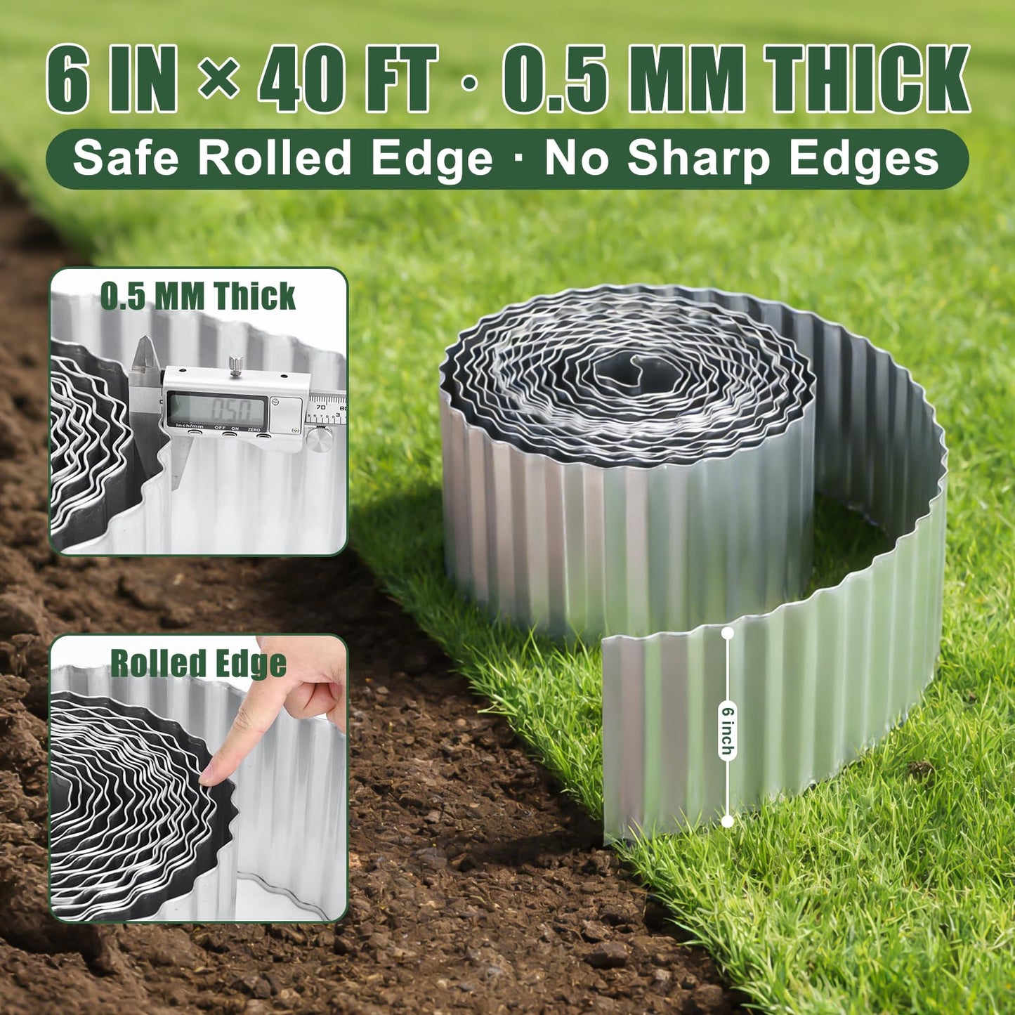 FEED GARDEN Heavy Duty Galvanized Steel Garden Edging 6 Inch x 40 Feet – Rust Resistant Metal Landscape Border, No-Dig Flexible Lawn Edging for Flower Beds, Yard & Walkways