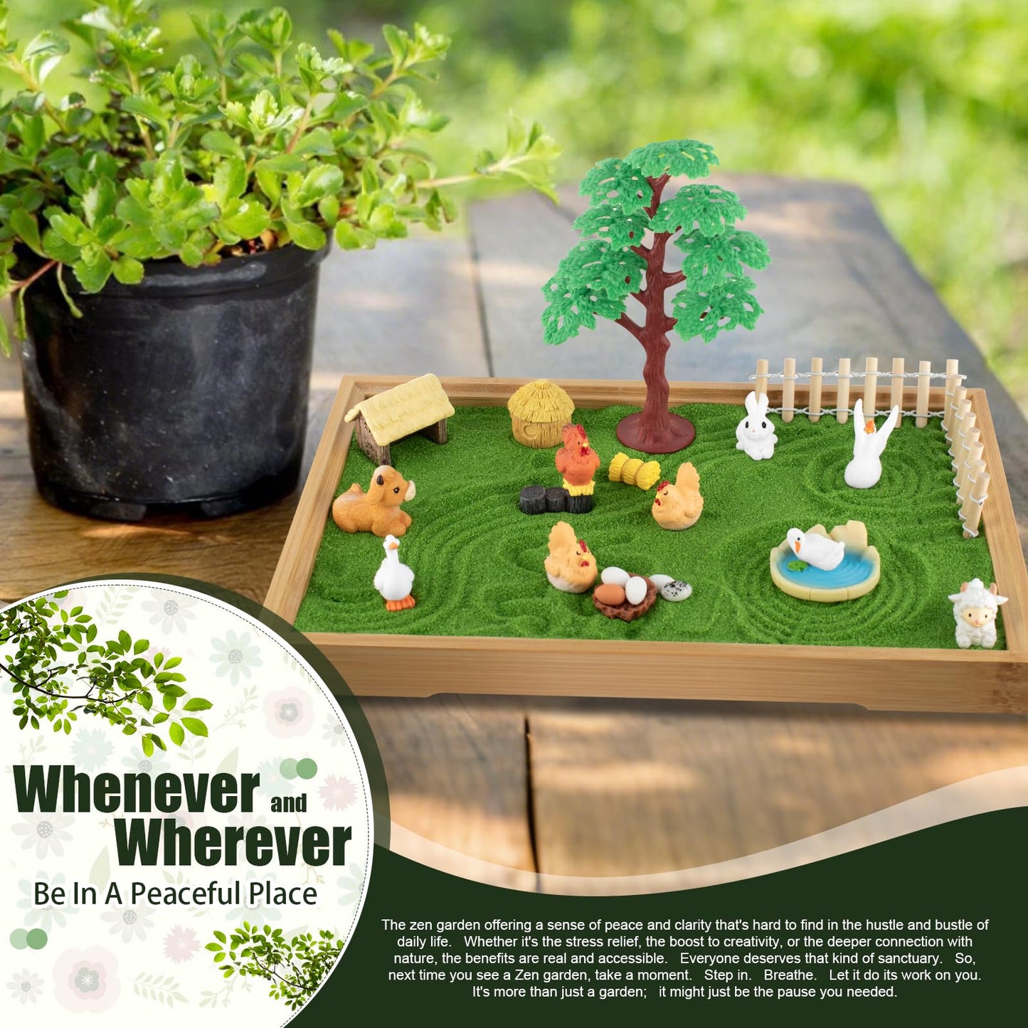31 Pcs Zen Garden Kit for Desk, Mini Zen Sand Garden with Wooden Tray & Rake, Japanese Gift Set for Home, Office Desk Decor