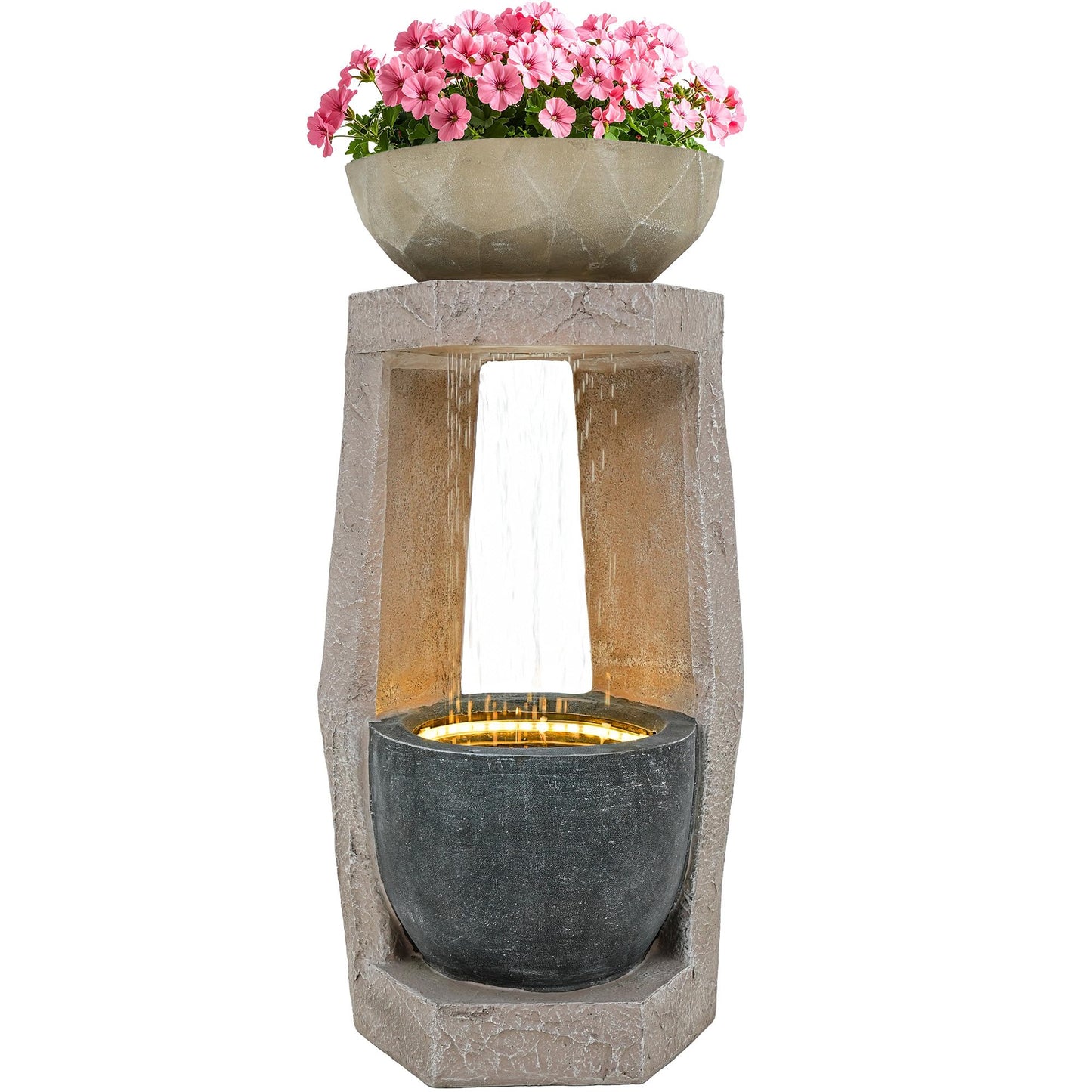 Ultym 32" Outdoor Fountain, Modern Geometric Two Bowls Water Feature with LED Lights, Resin Soothing Cascading Waterfall for Patio, Backyard, Garden or Porch