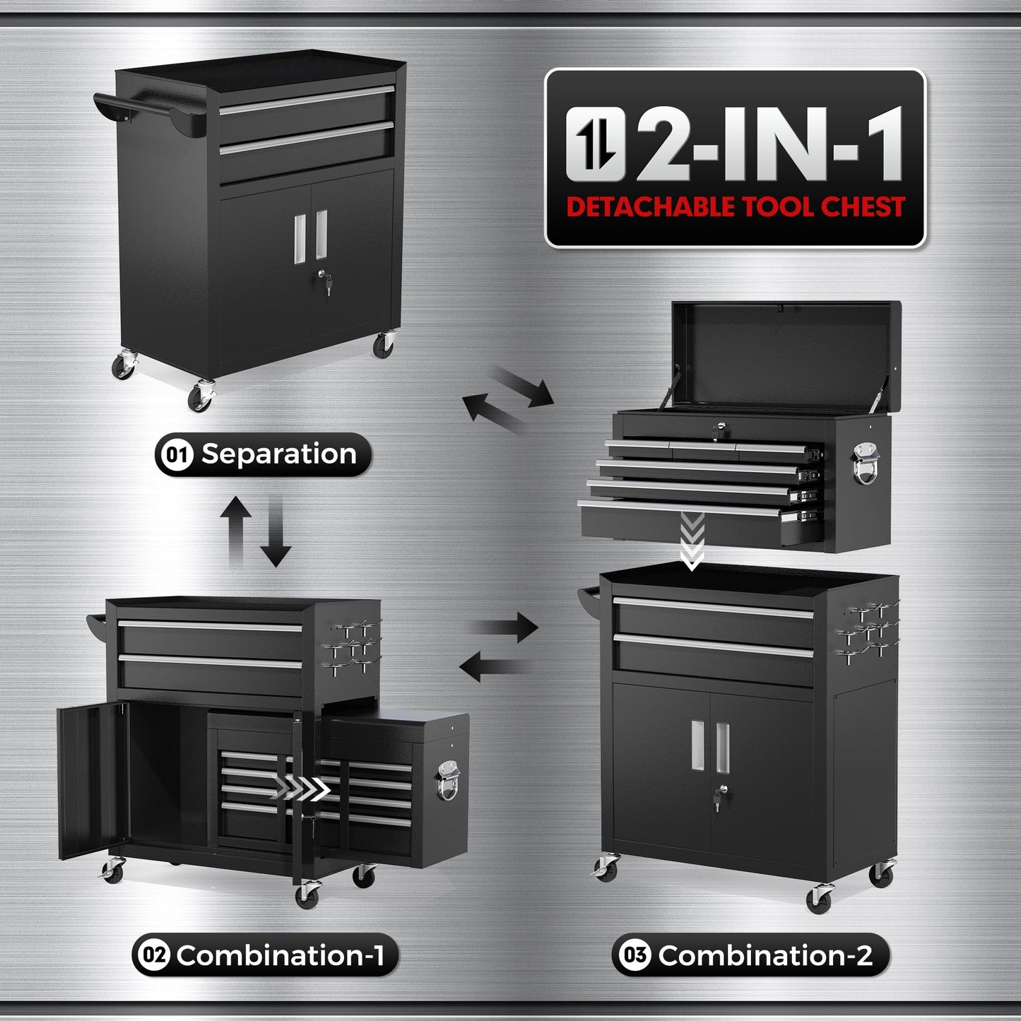 INTERGREAT Rolling Tool Chest with Wheels and 8 Drawers, Detachable Large Tool Cabinet with Lock for Garage, Locking Mechanic Tool Cart with Black Liner for Warehouse, Workshop, High Capacity