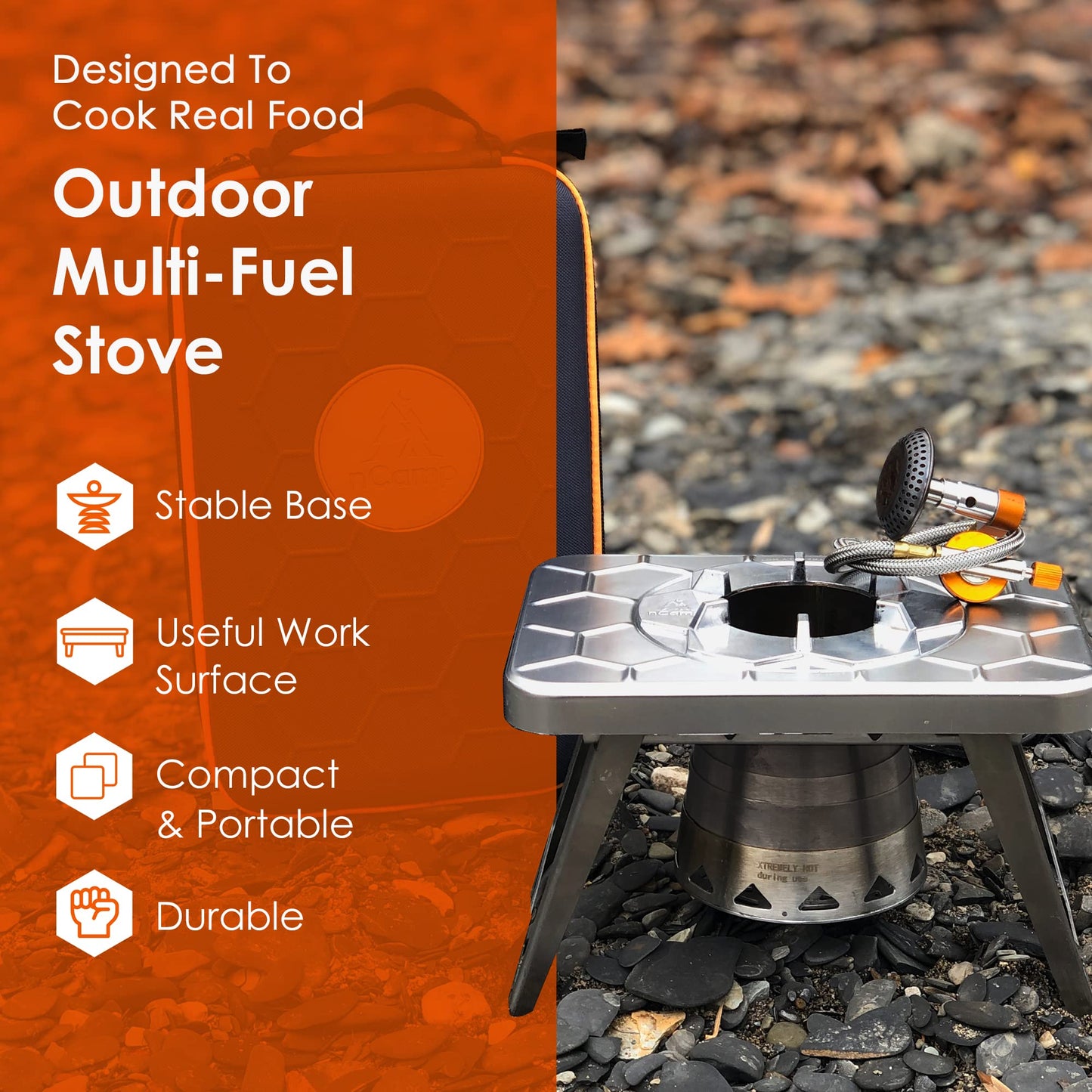 nCamp Kitchen to Go 5 Piece Bundle, Portable Compact Multi-Fuel Burning Camping Stove, ISO Propane Adapter, Elevated Bamboo Cutting Board Prep Surface, Cafe Coffee Maker, Carrying Bag, For Camping
