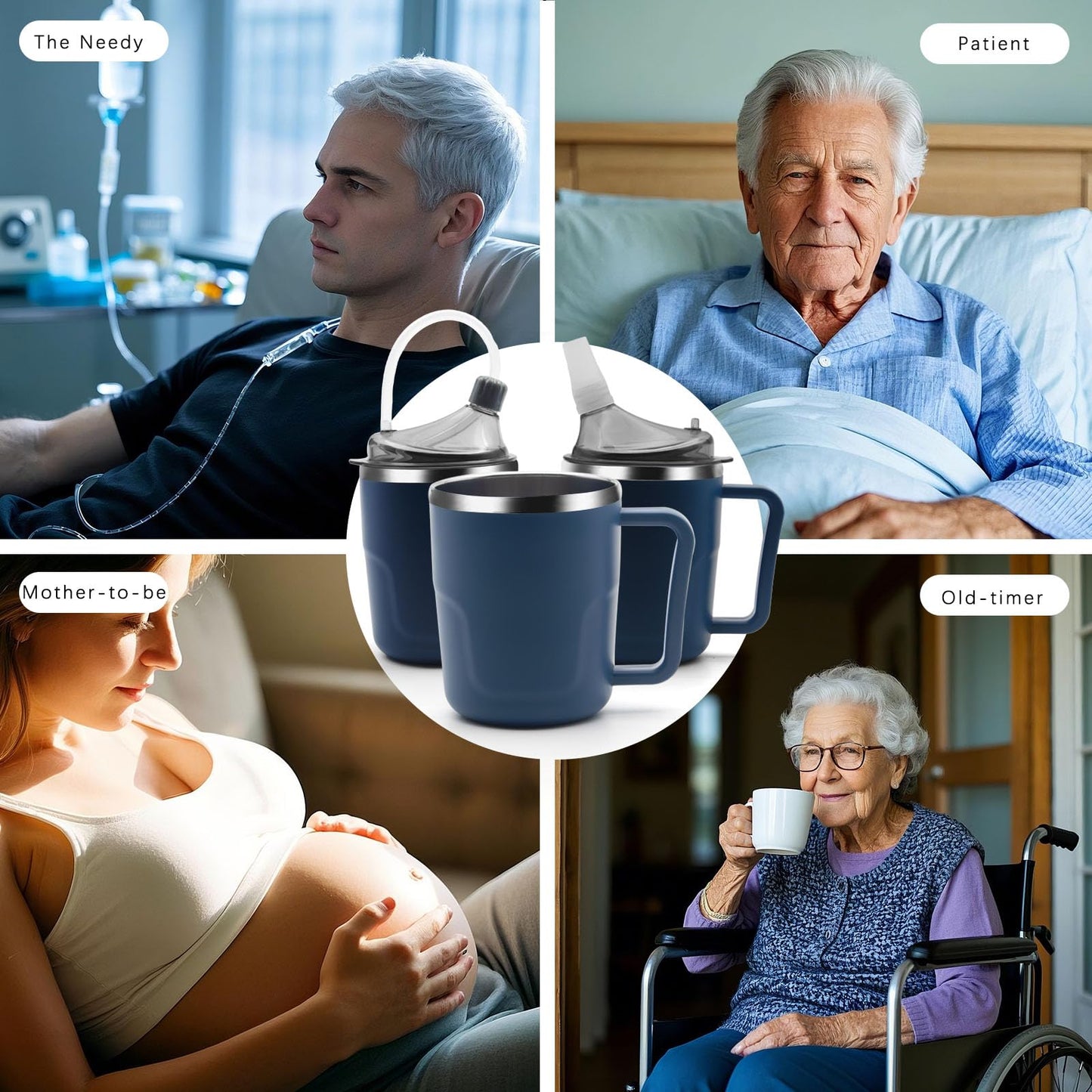 ACUDUDOMA Adult Spill Proof Cup for Elderly, 3 in 1 Stainless Steel Sippy Cup with Straw and 2 Lids, Suitable for Seniors Disabled Patients Limited Mobility, 14 OZ