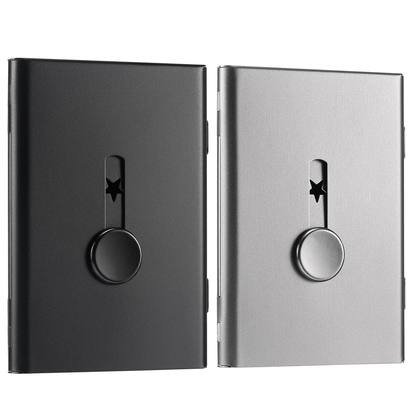 Tatuo 2 Pcs Business Card Holder Thumb Drive Black Gray Stainless Steel Business Name Card Case Portable Slide out Name Holder Wallet Nice Design Pocket for Men and Women