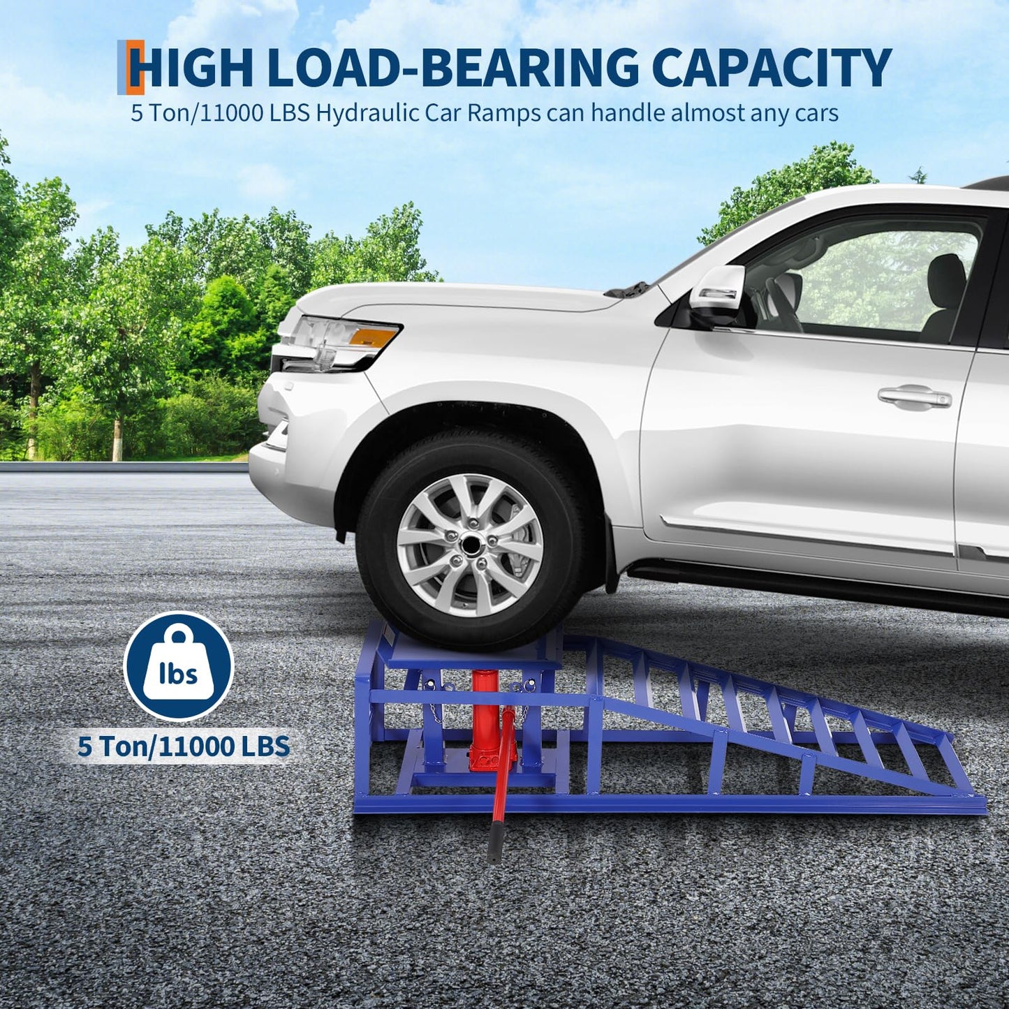 2-Pack Heavy Duty 5 Ton (11000 LBS) Hydraulic Car Ramps, High Lift 13.3" Truck Ramps with Safety Lock Pins, Auto Lift for Oil Change, Home Garage & Vehicle Repair, Blue