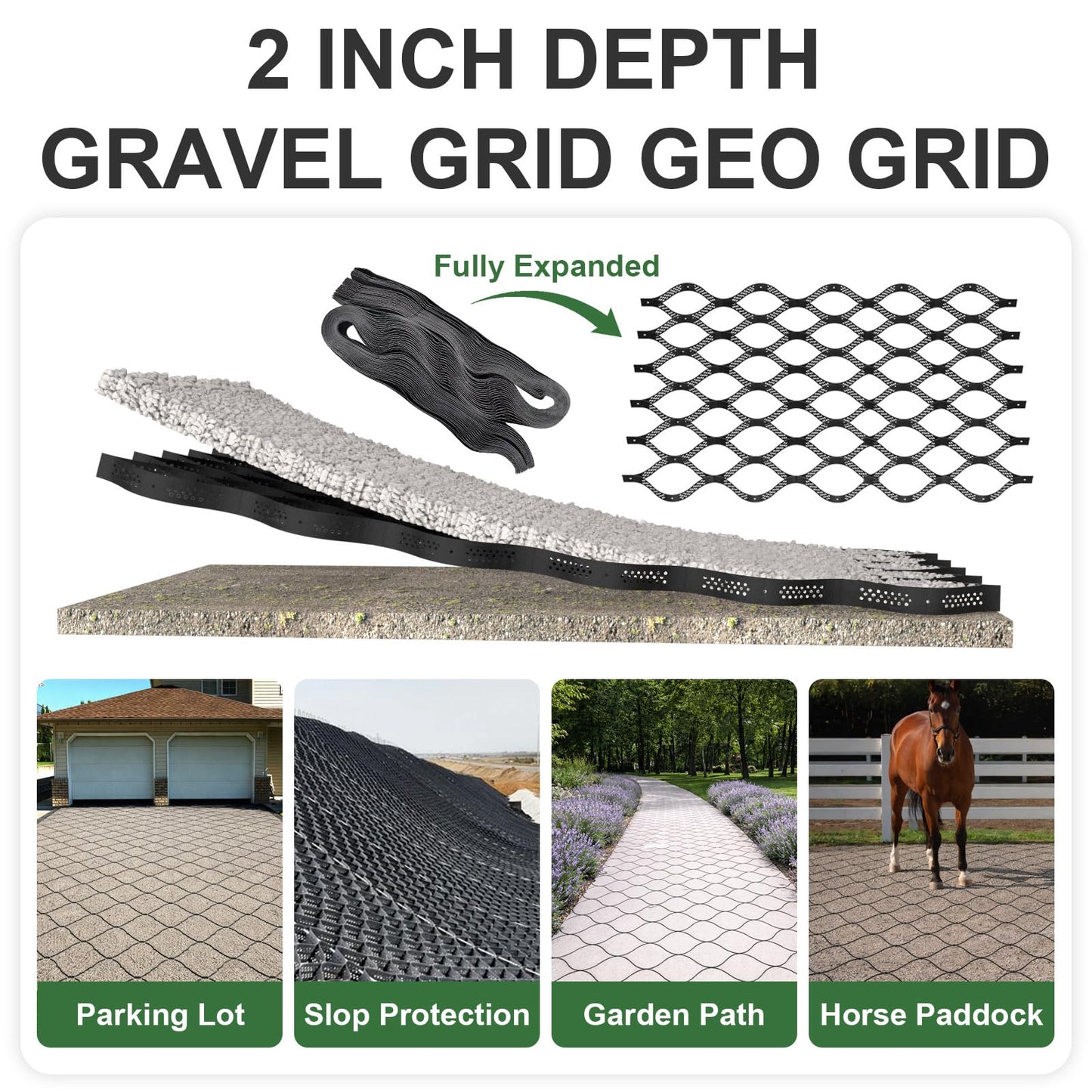 Gravel Grid 2'' Depth with Metal Stakes, 6.6x16.4 FT Geogrid for Gravel Driveway 2200 lbs per Sq FT Erosion Control Ground Grid Gravel Stabilizer Grid for Driveway, Parking Lot, Slope, Walkway, Patio