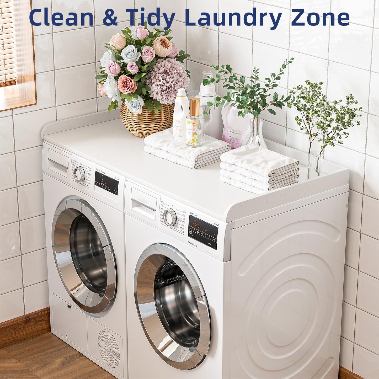 Memobarco Washer Dryer Countertop, 54" Width x 27.5" Depth Laundry Countertop Organization, Wooden Washer and Dryer Topper for Folding, Sorting & Ironing, Easy to Install, White