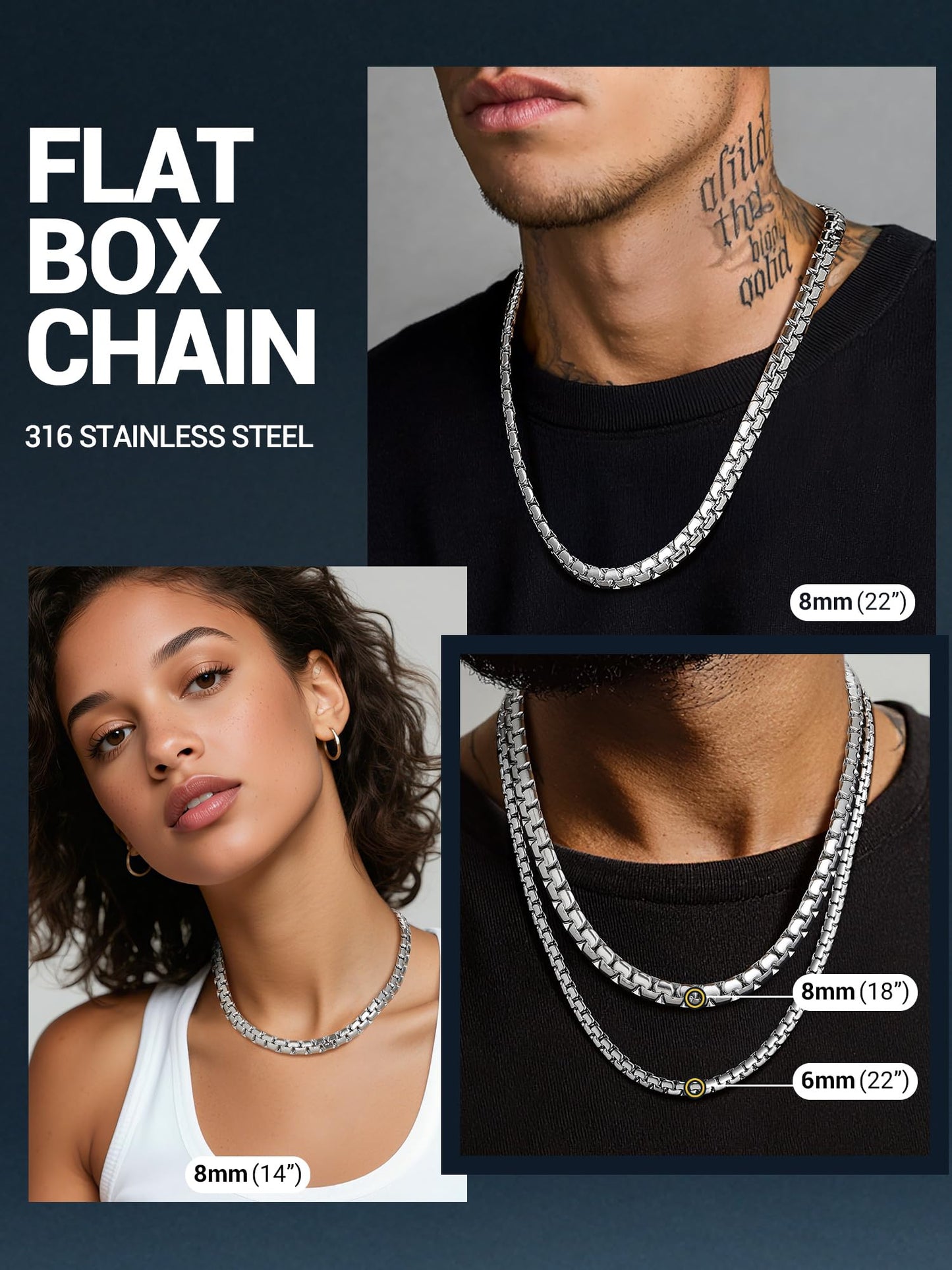 PROSTEEL Stainless Steel Mens Chain No Tarnish & Durable Flat Box Hip Pop Mens Jewelry, with Gift Box