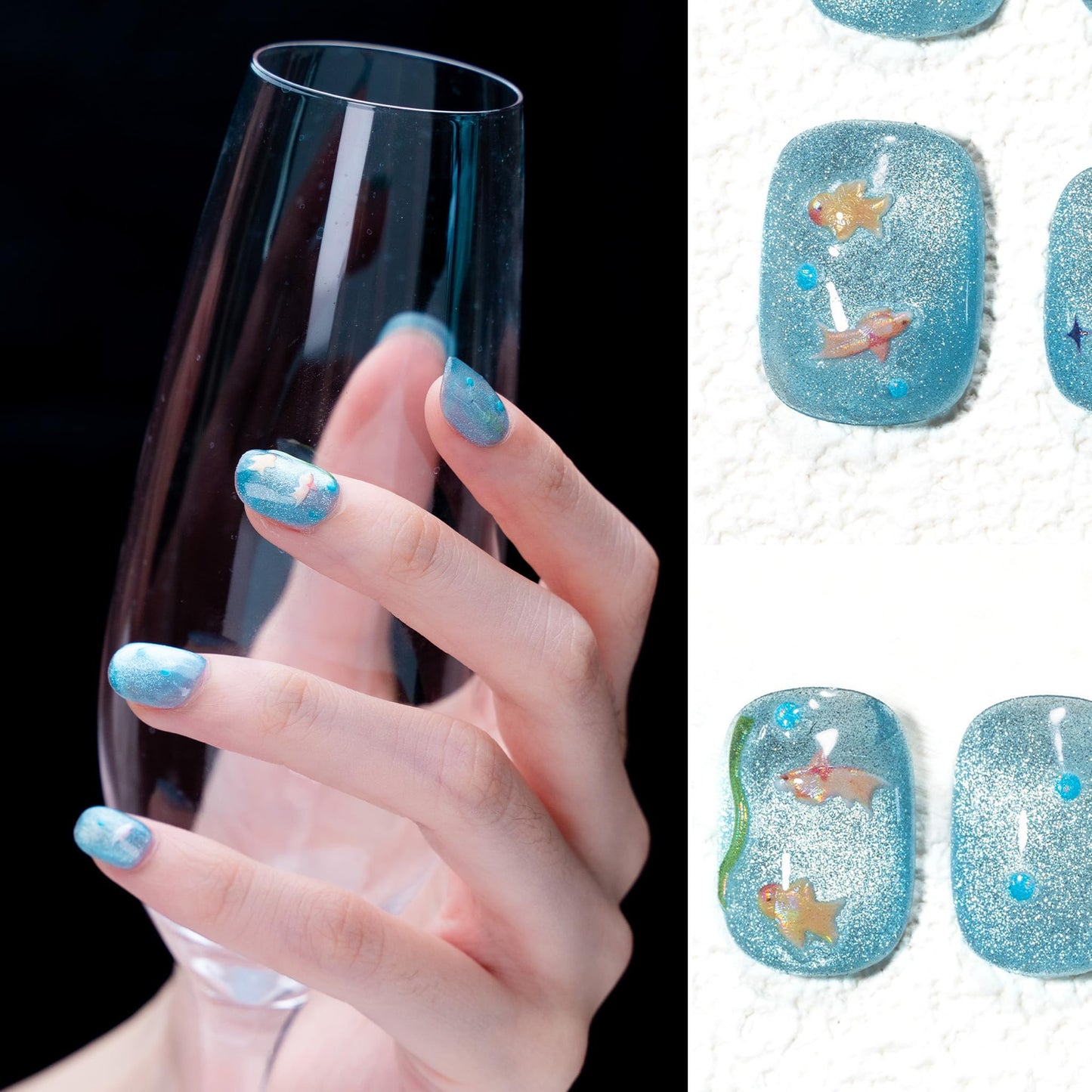 Sun&Beam Nails Handmade Press-on Short Squoval Round Blue Cartoon Summer Minimalist Design Fashion False Nail Tips 10 Pcs Set (#246 S)