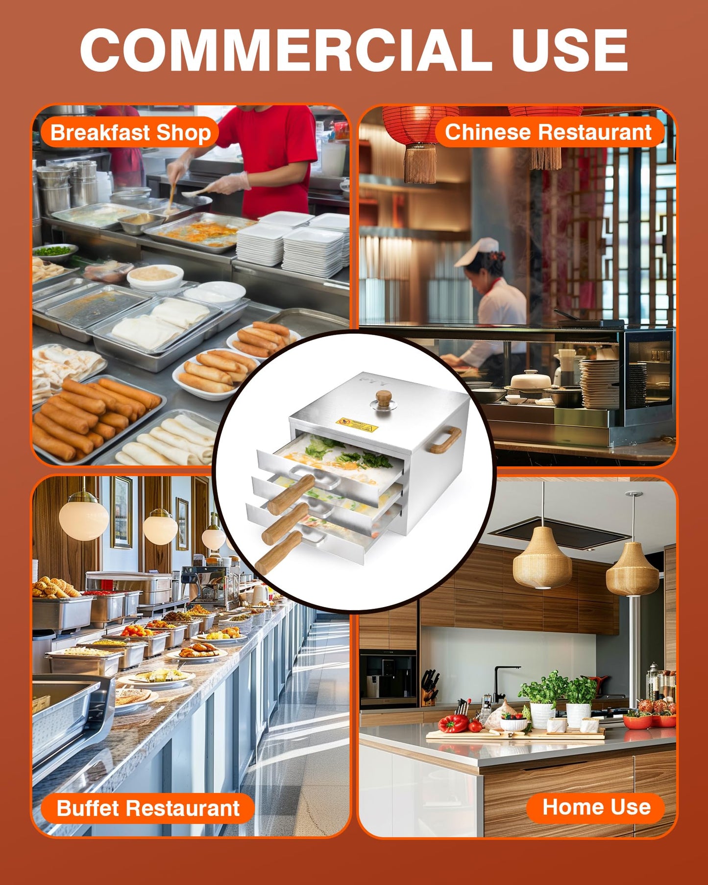 PYY Rice Noodle Roll Steamer Machine - 3 Layers 4 Trays Cantonese Cheung Fun Machine，Anti-scalding Handle Changfen Maker for Commercial and Home, Extra Stainless Steel Steam Tray and Wooden Handle