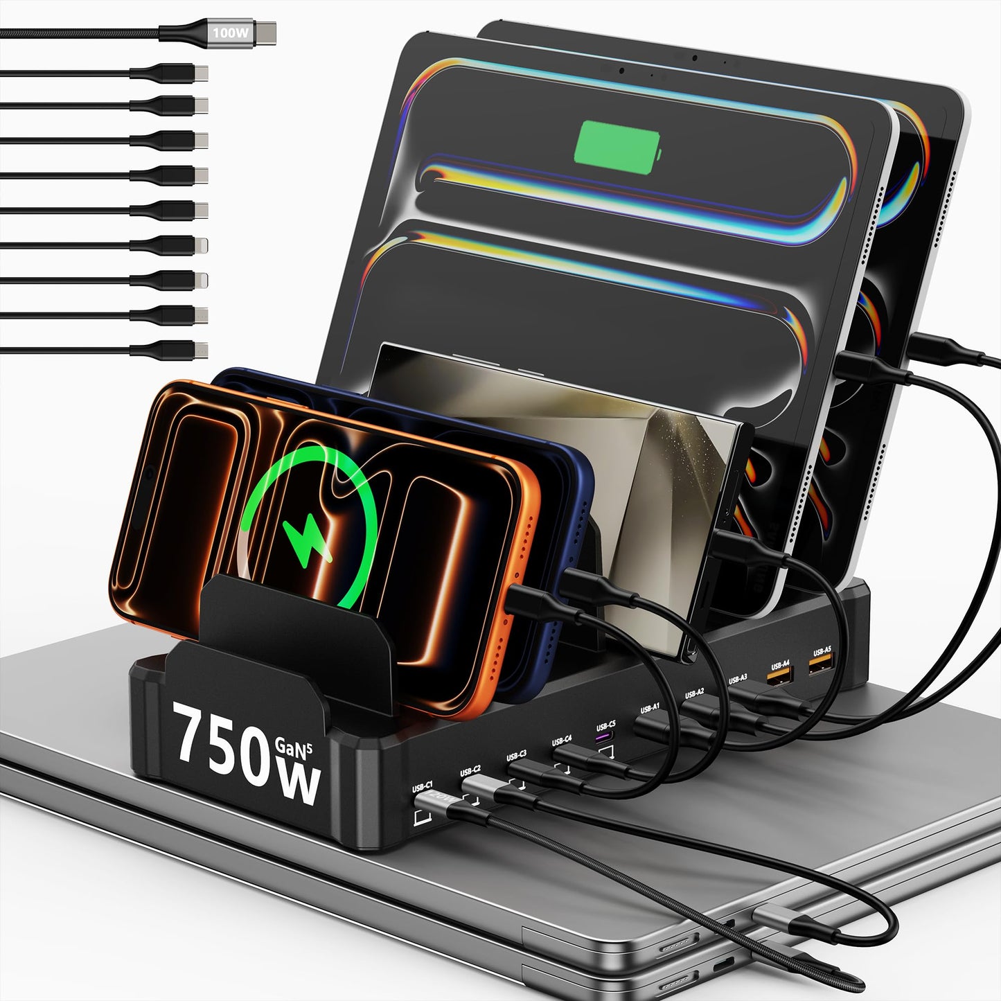750W Charging Station for Multiple Devices, Zobirez 10-Port Fast Charger, 5 USB-C 120W Each and 5 USB-A 30W Each, Desktop Charging Hub for Laptop Phone Tablet, Black