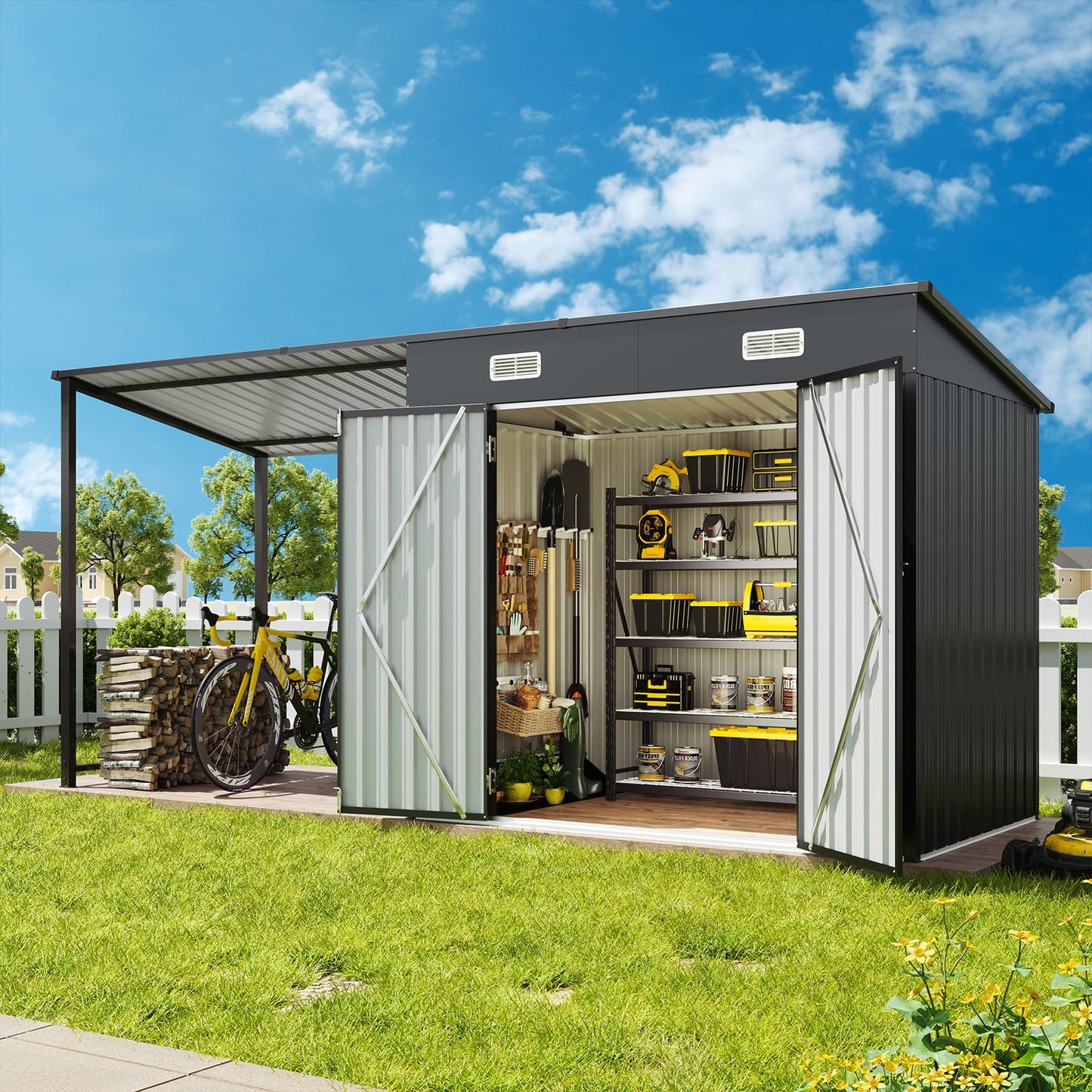 Aoxun 6x4FT Outdoor Storage Shed & Hardtop Gazebo Combo, 12x4FT Metal Lean to Shed with Open-Sided Pergola, 2-in-1 Durable Garden Tool Shed for Patio, Backyard, Deck