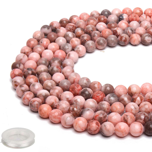 70PCS Natural 8MM Healing Gemstone, Pink Zebra Jasper Energy Stone Round Loose Beads, Semi-Precious Crystal Beads with Free Elastic String for Jewelry Making DIY