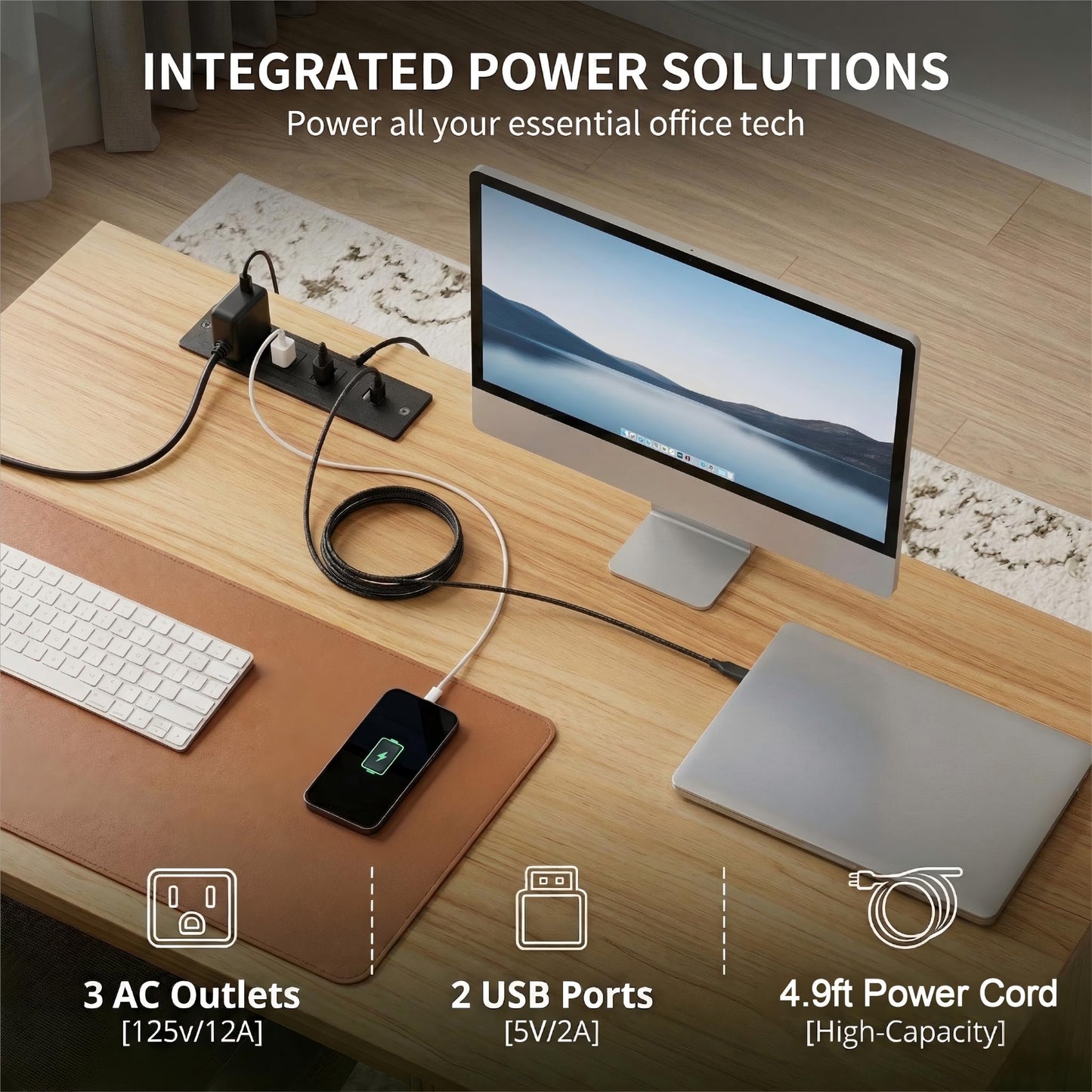 FURSUN 58" Executive Desk with Charging Station & File Drawer, Modern Fluted Home Office Desk with 5 Drawers & Keyboard Tray, Large Computer Writing Desk, Natural Oak