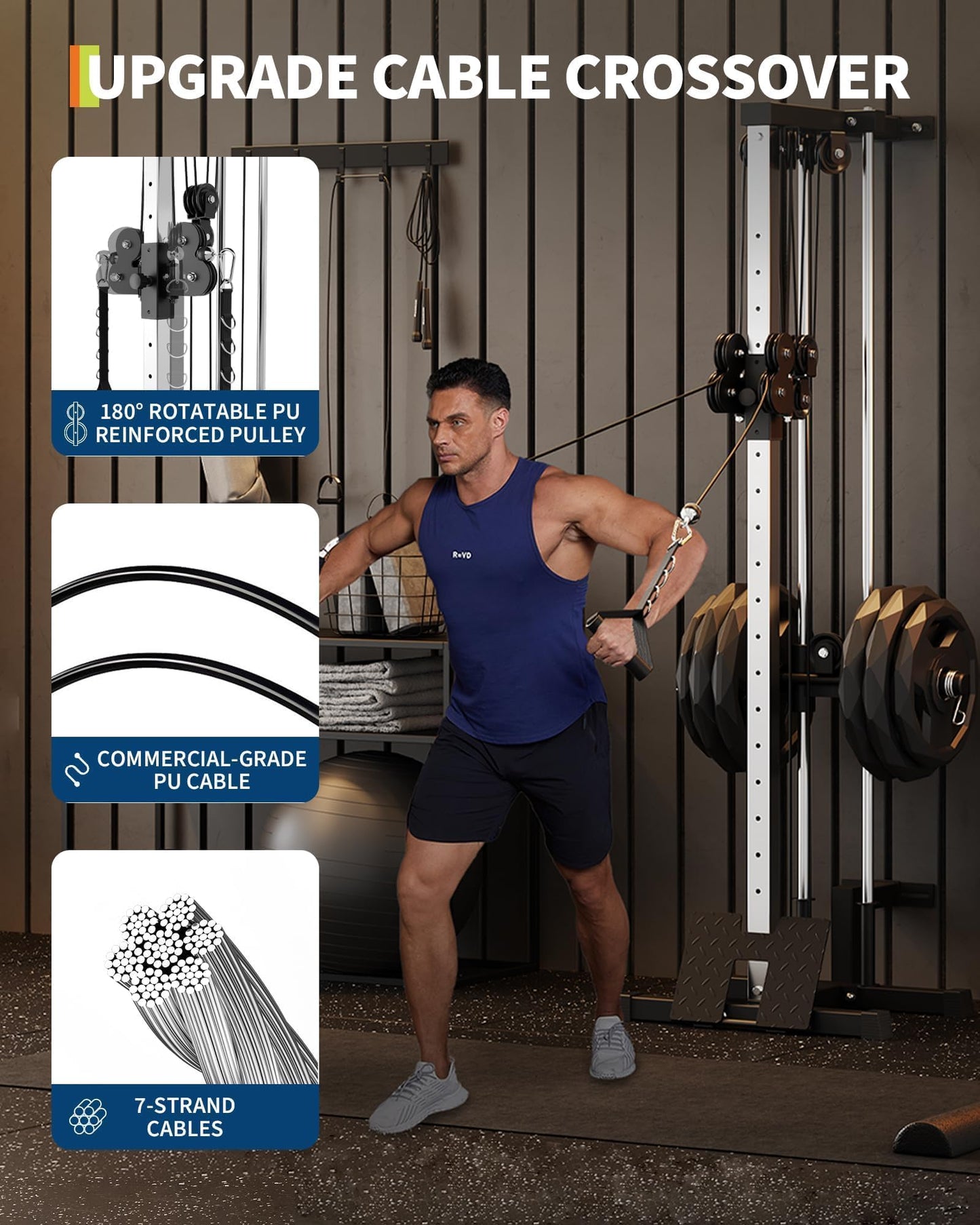 GarveeLife Wall Mount Cable Station, LAT Pulldown Machines with 19 Positions Dual Pulley System, Cable Crossover Machine with Footplate, T-Bar and More Attachments Workout Equipment Home Gym