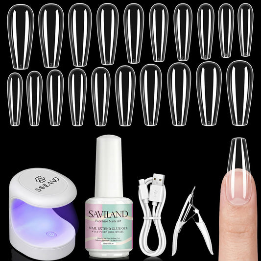 SAVILAND Gel Nail Kit Starter Set: 14-Day Last Nail Glue Gel and 500Pcs High Clear Nail Tips for Press On 10 Sizes Mini U V Nail Lamp Nail Clipper Manicure Tools Easy Use for Home Salon and Nail Care