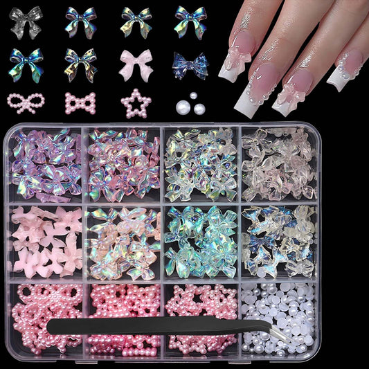 Bow Nail Charms 3D Resin Pink Pearl Circle Nail Gems Cute AB Crystal Clear Bowknot Nail Jewels Star Rhinestones Nail Art Supplies for Women DIY Acrylic Nail 12 Grids 1 Box 12 Styles