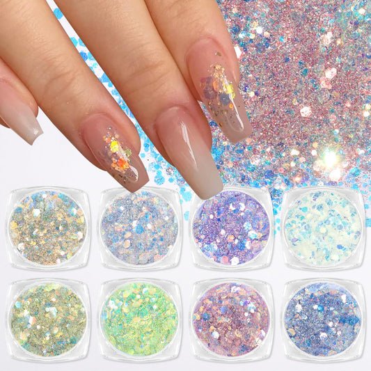 Laza 8 Colors Nail Art Glitter Diamond Dust Iridescent Nail Powder Chunky Glitter Confetti Foil Flakes Sequins for Nail Art Supplies, Gel Polish, Mermaid Makeup, Body, Resin — Glittering Iridescence