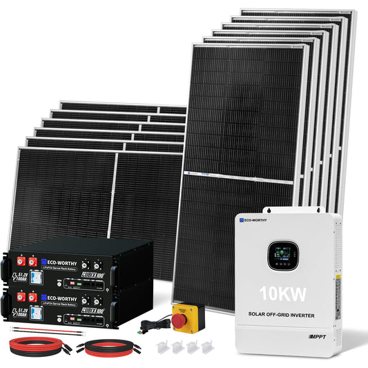 ECO-WORTHY 10KW Output 9.36KWH Off Grid Solar System Complete Kit for Home:12pcs 195W Solar Panels(2340W)+10KW 120V/240V Inverter (UL 1741)+ 2pcs 48V 100AH Lithium Batteries(UL 1973&UL 9540A)