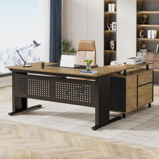 Tribesigns 63 Inch Executive Desk with File Cabinet, Large Office Desk L Shaped Computer Desk with Drawers and Storage Shelves, Business Furniture Desk for Home Office, Wood Color and Black