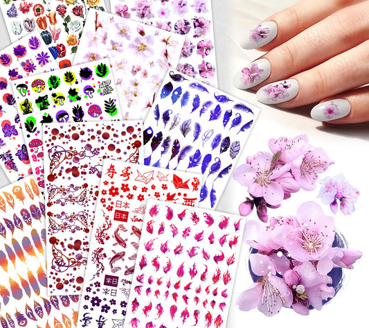 Nail Decals [10 Sheets] Cherry Blossom Nail Stickers Set Soft Pink Sakura Feathers Florals Japanese Inspired Motifs Delicate Details Creating Graceful Feminine Manicure Styles Dreamy Nail Looks