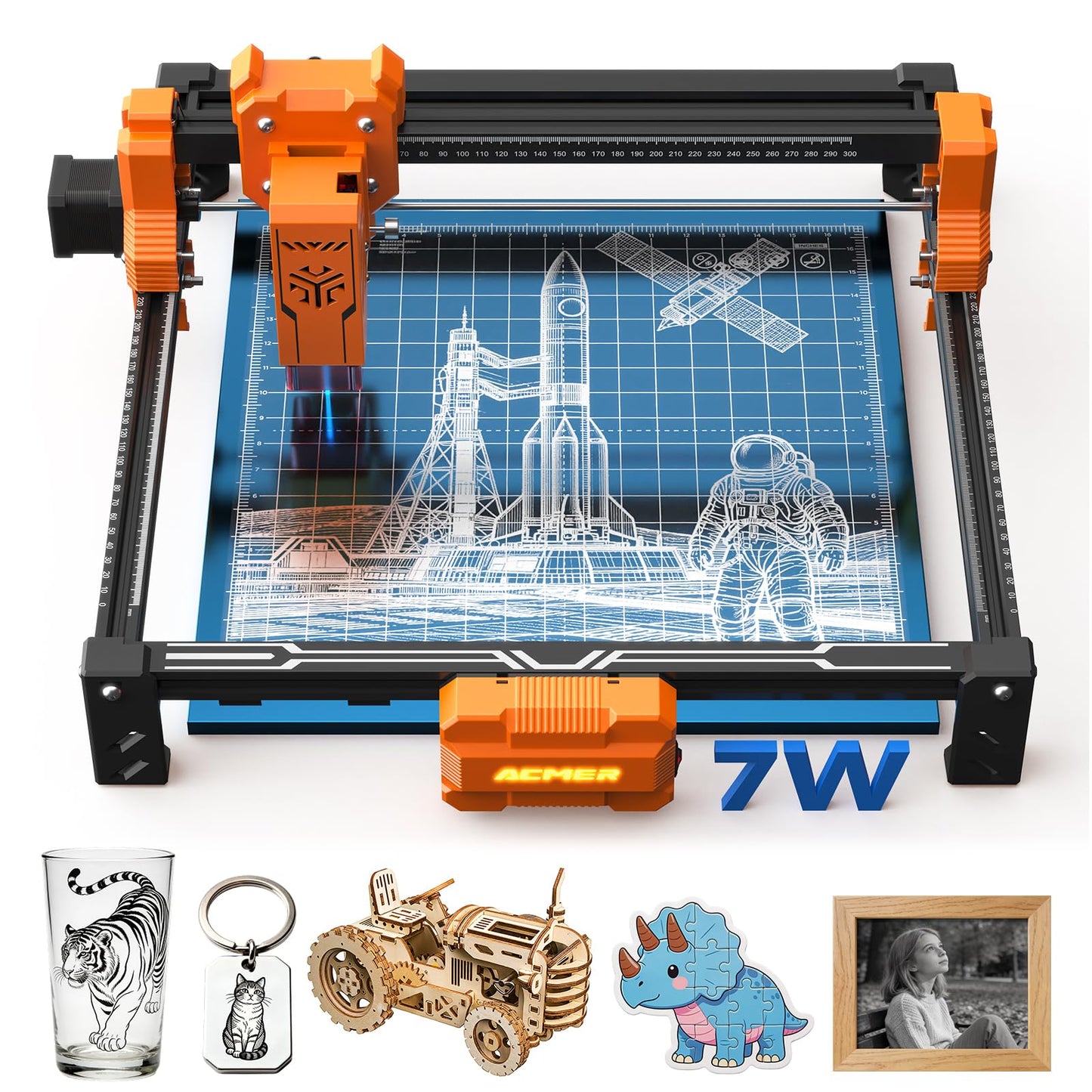 ACMER Laser Engraver Machine, 7000mW Laser Cutter, 0.01mm Precision, 300×300mm Engraving Area, 10000mm/min Speed, for Wood, Metal, Acrylic, Leather, DIY & Education