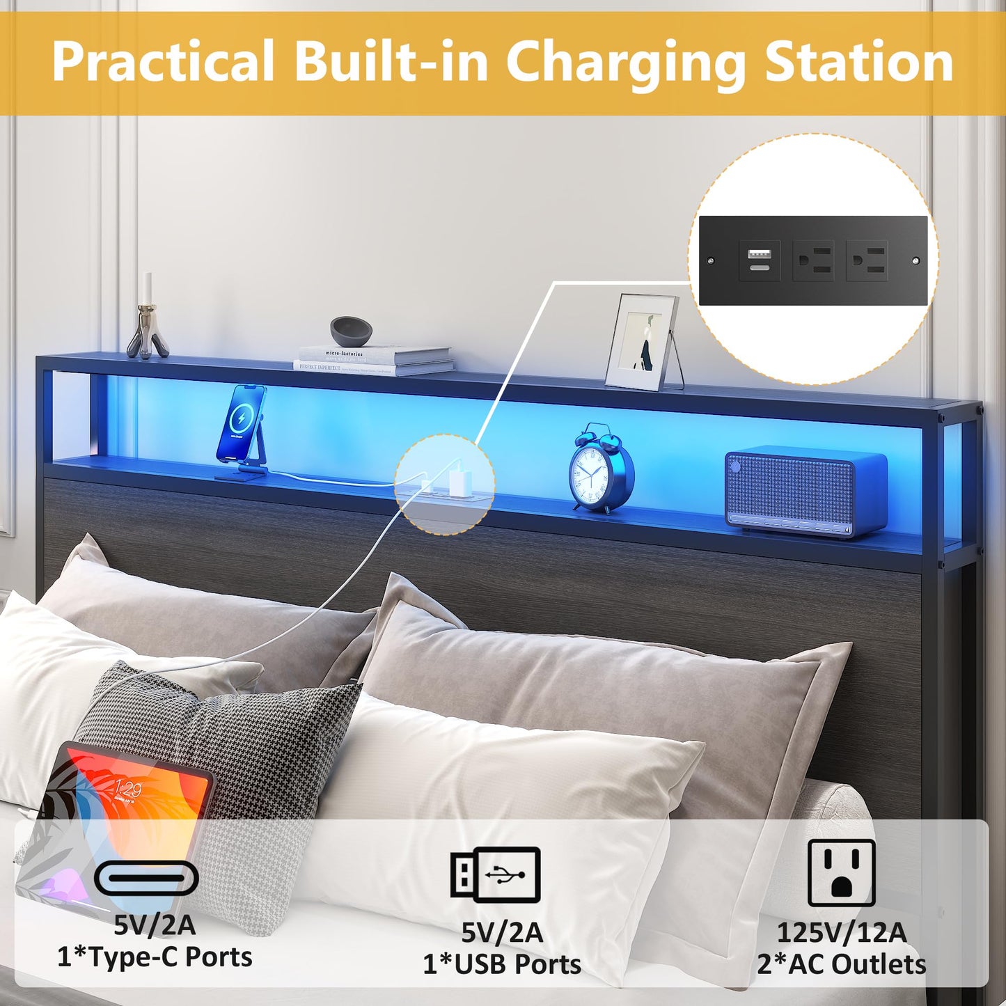 Lifezone Queen Bed Frame with 2-Tier Storage Headboard, Metal Platform Bed Frame with 4 Storage Drawers, Built in Charging Station & LED, Noise-Free/Metal Support/No Box Spring Needed, Rustic Grey
