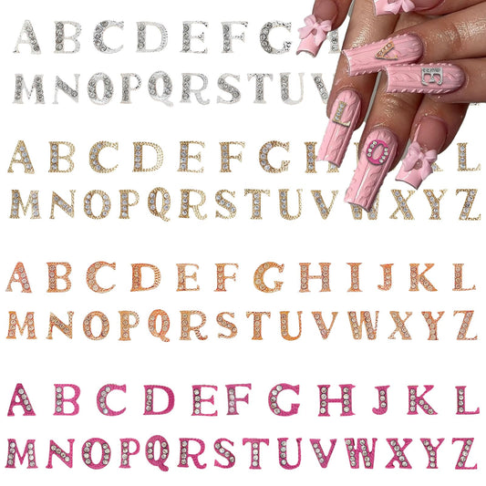 Pizadix 104 Pcs 3D Silver Gold Rose Gold Pink Nail Charms Letters Initial Charms for Nails Nail Letter Charms Alphabet Rhinestone Nail Charms for Nail Art Design Decoration DIY Craft