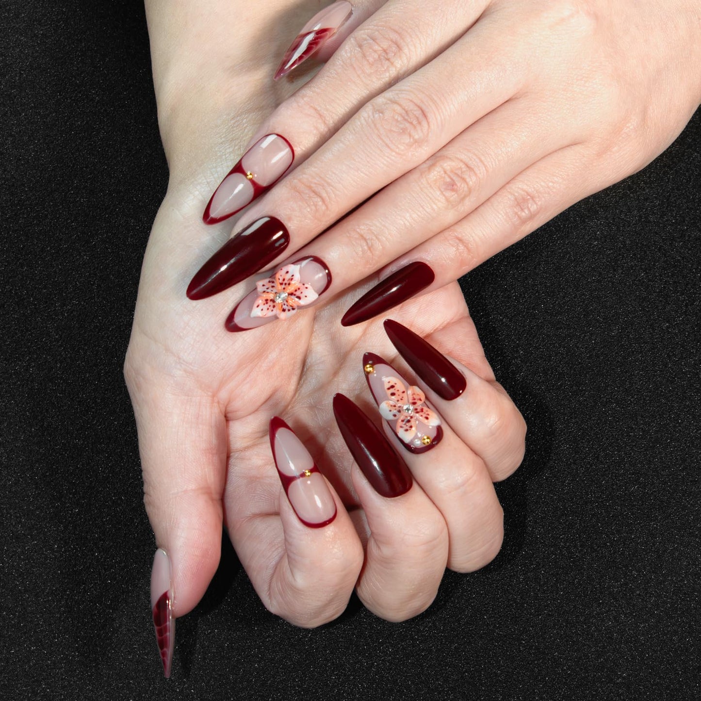 Vanpaga Handmade Long Stiletto Press on Nails Burgundy Glossy with 3D Floral Accents, Elegant Gel Fake Nails Reusable Stick on Nails for Women (Size L)