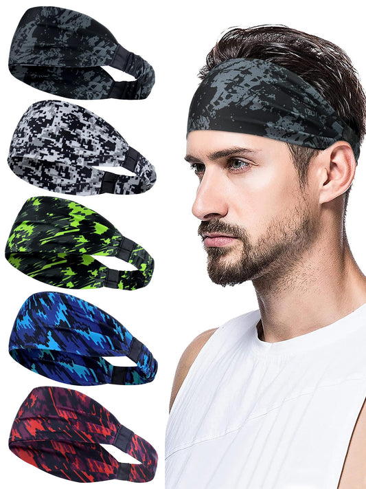 AWUMBUK Men's Sports Headbands, Absorbent Stretchy Sweatbands 5 Pack for Workout, Football, Running, Cycling, Fitness