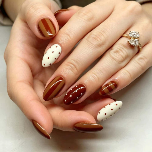 CLYHLTMZ Almond Press On Nails Short Fake Nails with Polka Dot Brown Stripes Design Glue On Nails 24 Pcs Cute Acrylic Press on Tips White Full Cover Stick on Nail Reusable Manicure Sticky for Women