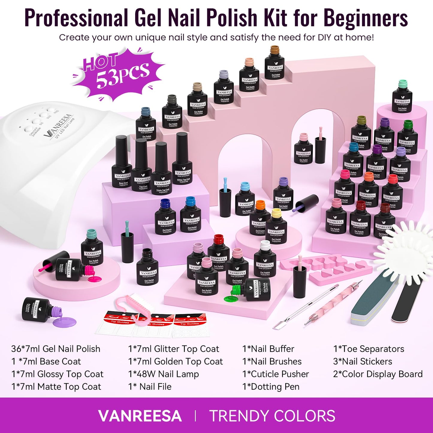 VANREESA Gel Nail Polish Kit with U V Light 53 Pcs Gel Polish Nail Set 36 Classic Colors Nail Polish Set + Base and 4 Effects Top Coat with Manicure Tools Complete Nail Kit Gifts for Women Girls