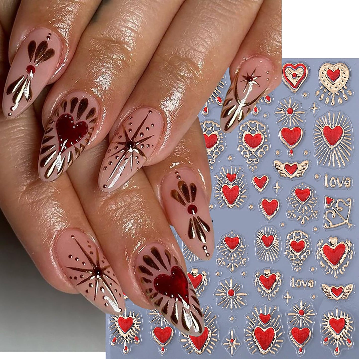 2 Sheets Red Heart Nail Stickers 3D Self-Adhesive Gold Silver Nail Decals Sun Moon Star Nail Stickers Bohemia Manicure Decorations for Women